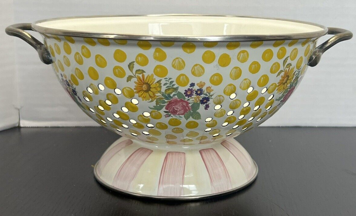 Mackenzie Childs Buttercup Colander Strainer Large Yellow Polka Dots Retired