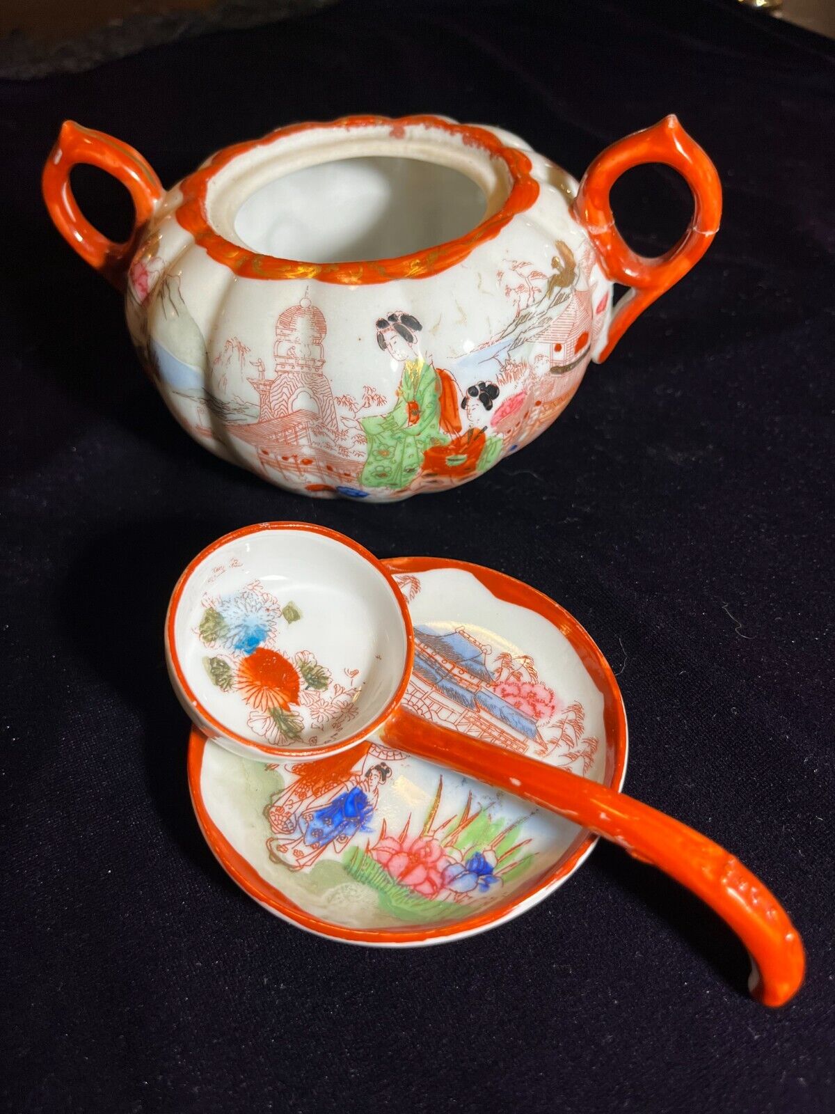 Japanese Vintage Geisha Kutani Porcelain Antique Bowl Saucer 3 Piece Set