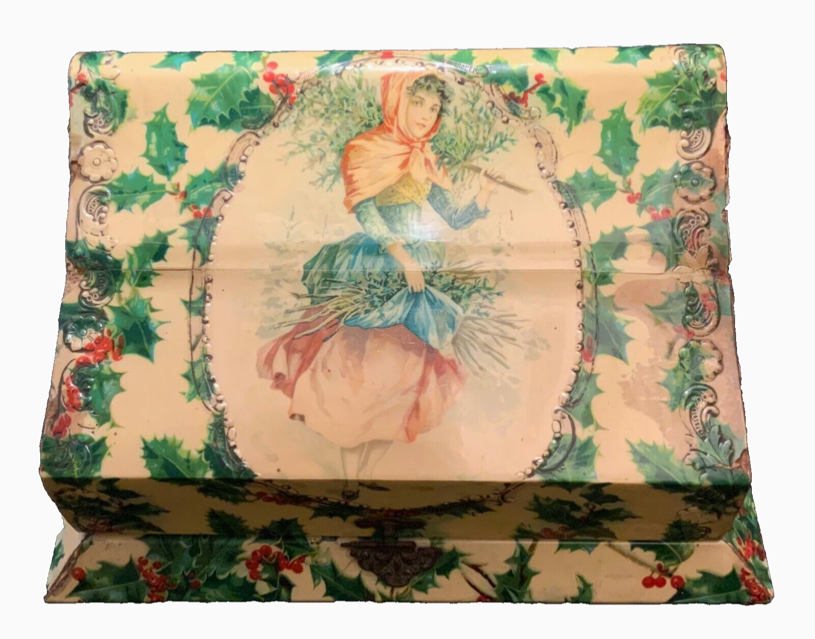 ANTIQUE CHRISTMAS HOLLY CELLULOID VANITY BOX - VICTORIAN GIRL W/TREE ‘AS IS’