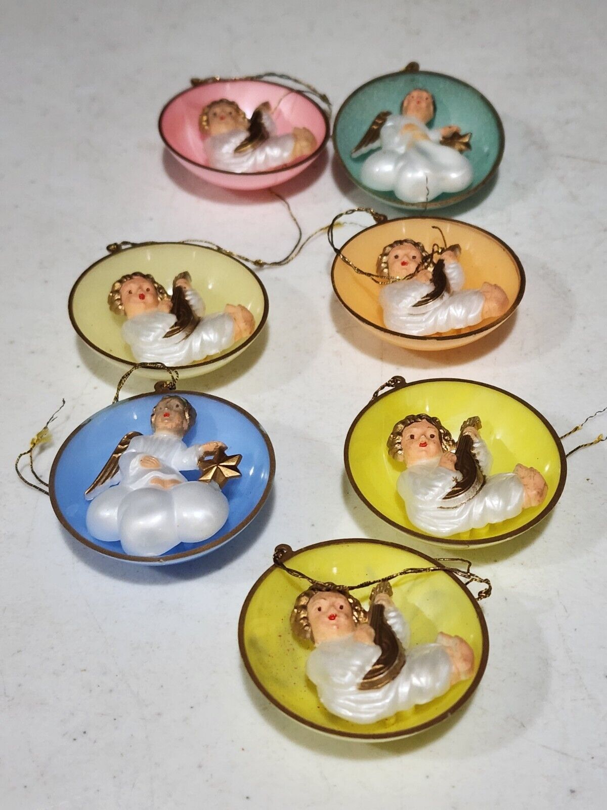 SET OF 7- Vintage German Round Plastic Angels 3D Diorama Christmas Ornaments