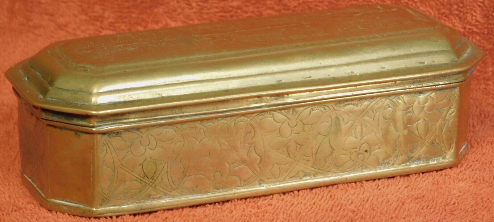 Antique Dutch Brass Pipe Tobacco Box GOTHIC Engraved 1700s 18th Century EARLY