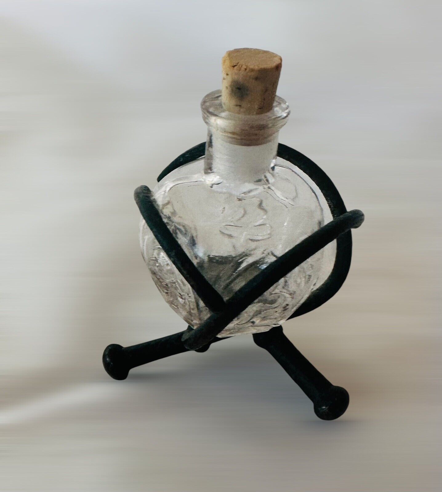Antique 1920s  Small Glass Perfume Bottle In Wrought Iron Holder with Cork Top