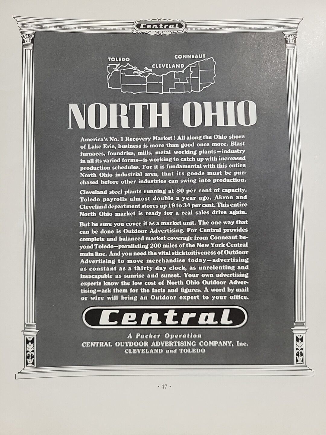 1935 Packer Outdoor Advertising North Ohio Fortune Mag Print Ad Toledo Cleveland