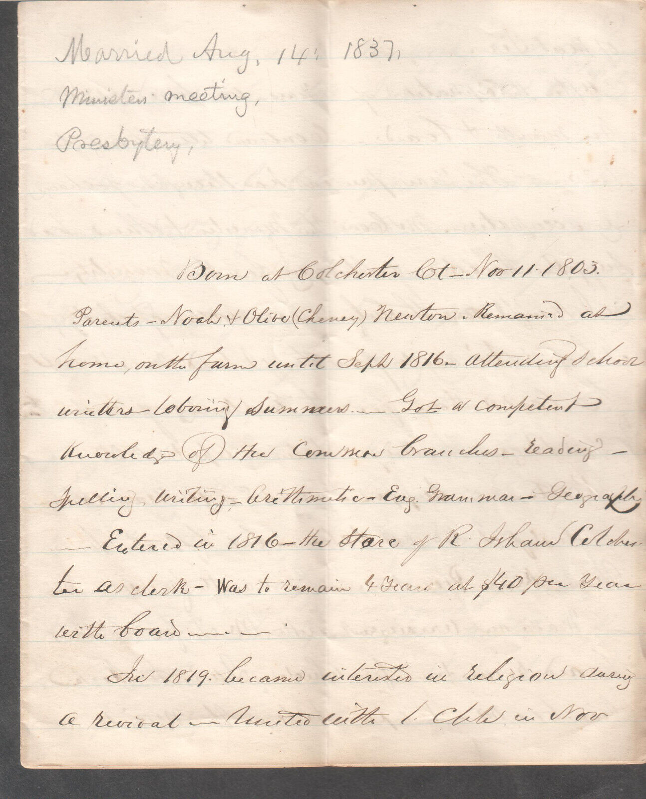 1870 outline of Life Labors document of Reverend Alfred Cheney Newton
