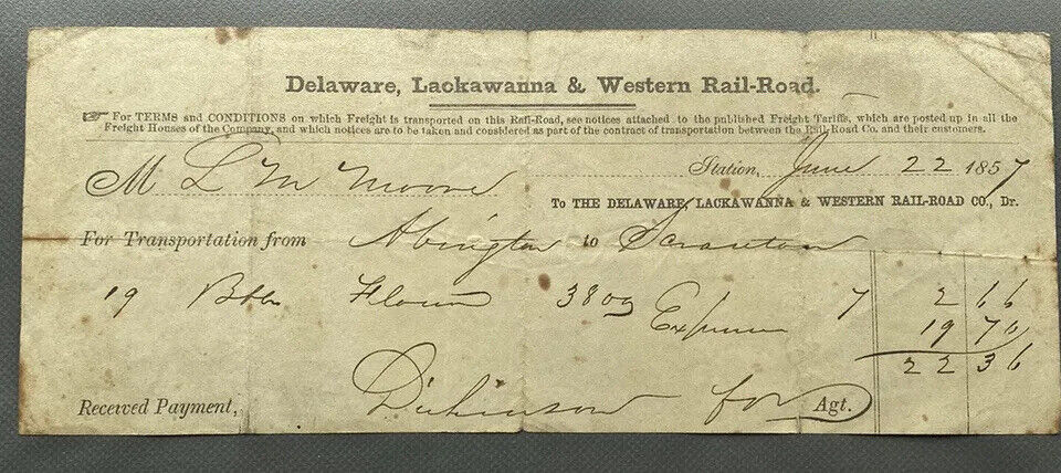 Antique 1851 Railroad Receipt Delaware Lackawanna & Western Railroad