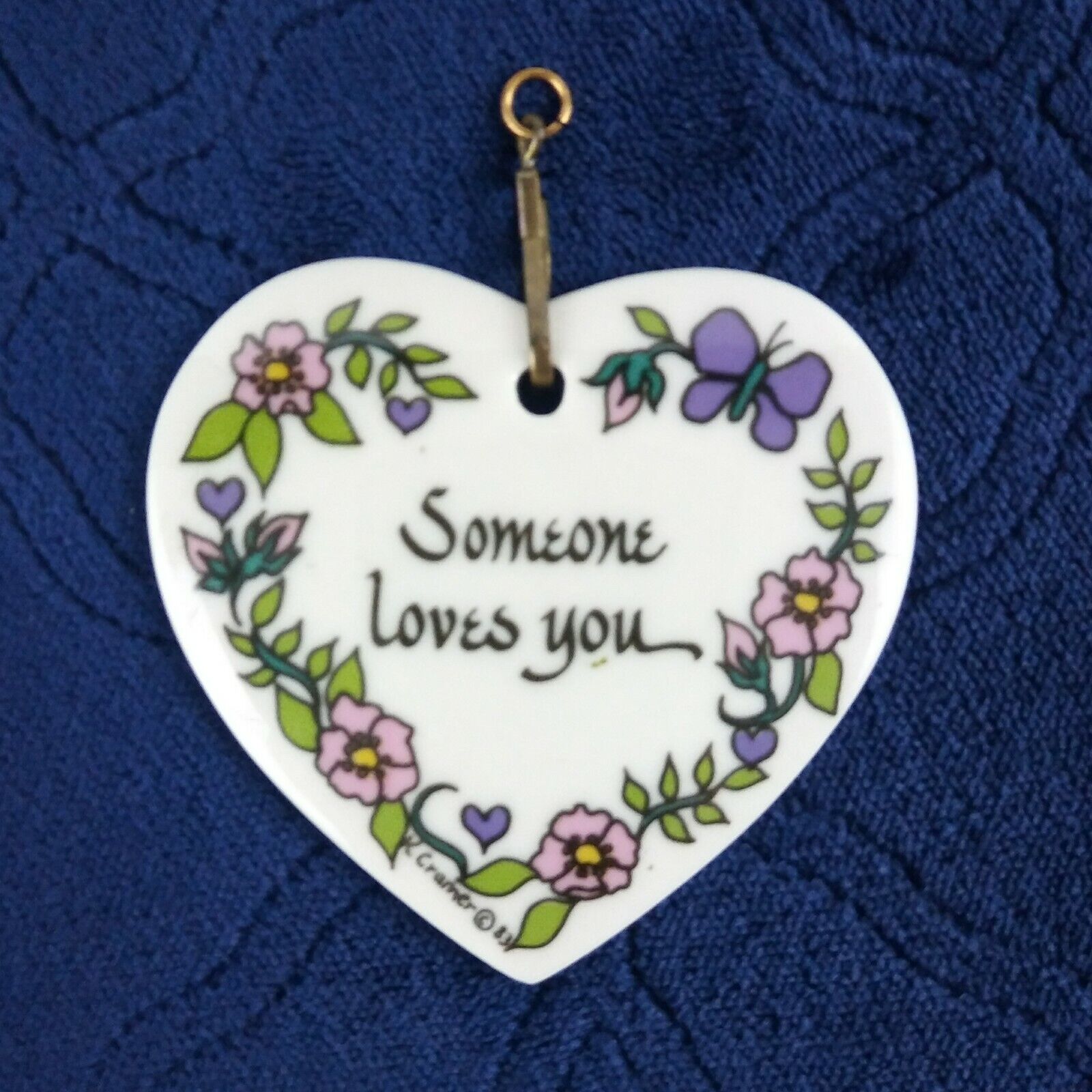 Ceramic Heart Pendant Someone Loves You K Cramer Flower Vintage 1983