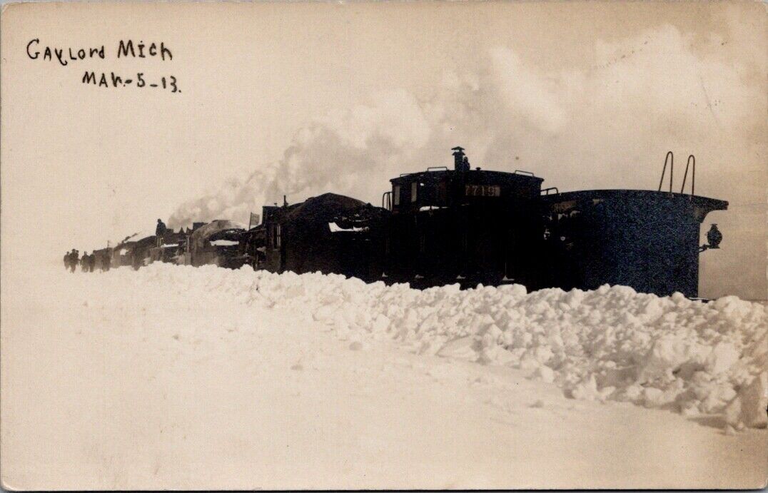 1913, RAILROAD, Train in the Snow, GAYLORD, Michigan Real Photo Postcard