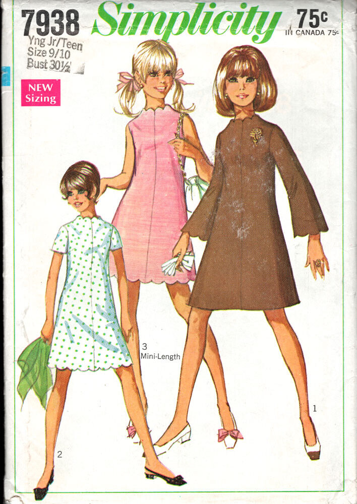 Simplicity 7938 ©1968; Young Junior/Teens\' and Juniors\' Dress, Size 9/10, FF