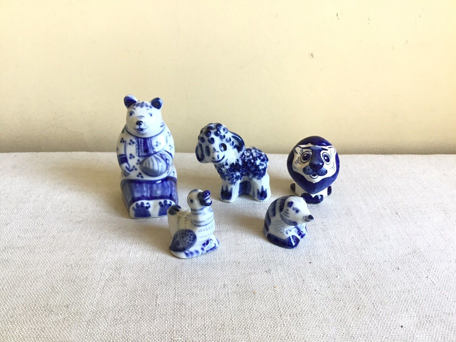 Mixed Lot Of 5 GZHEL Russian Hand Painted Blue White Porcelain Animal Figurines