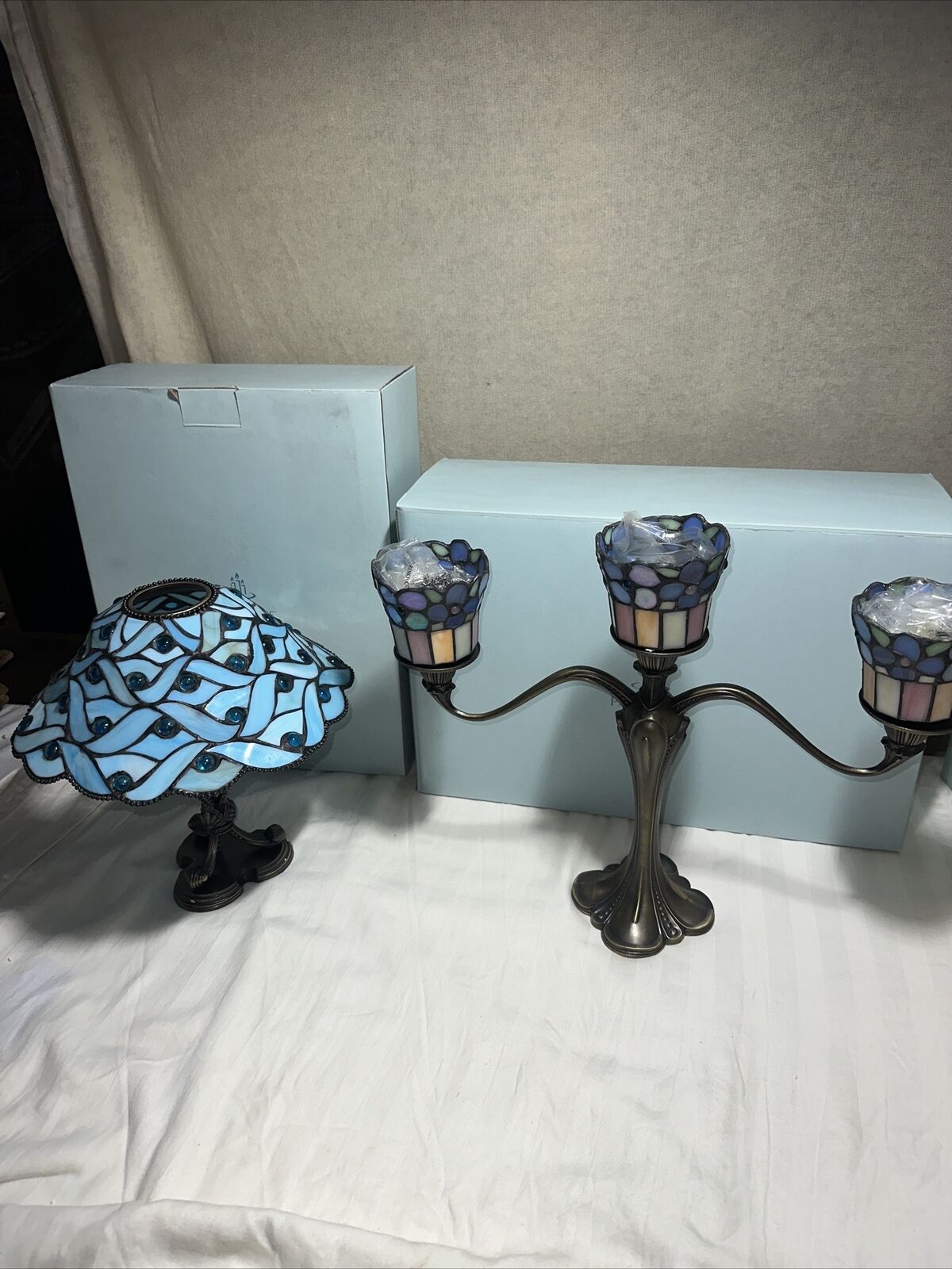 2 PARTYLITE HYDRANGEA CANDELABRA, TIFFANY STYLE SPRING WATER CANDLE Lamp Retired
