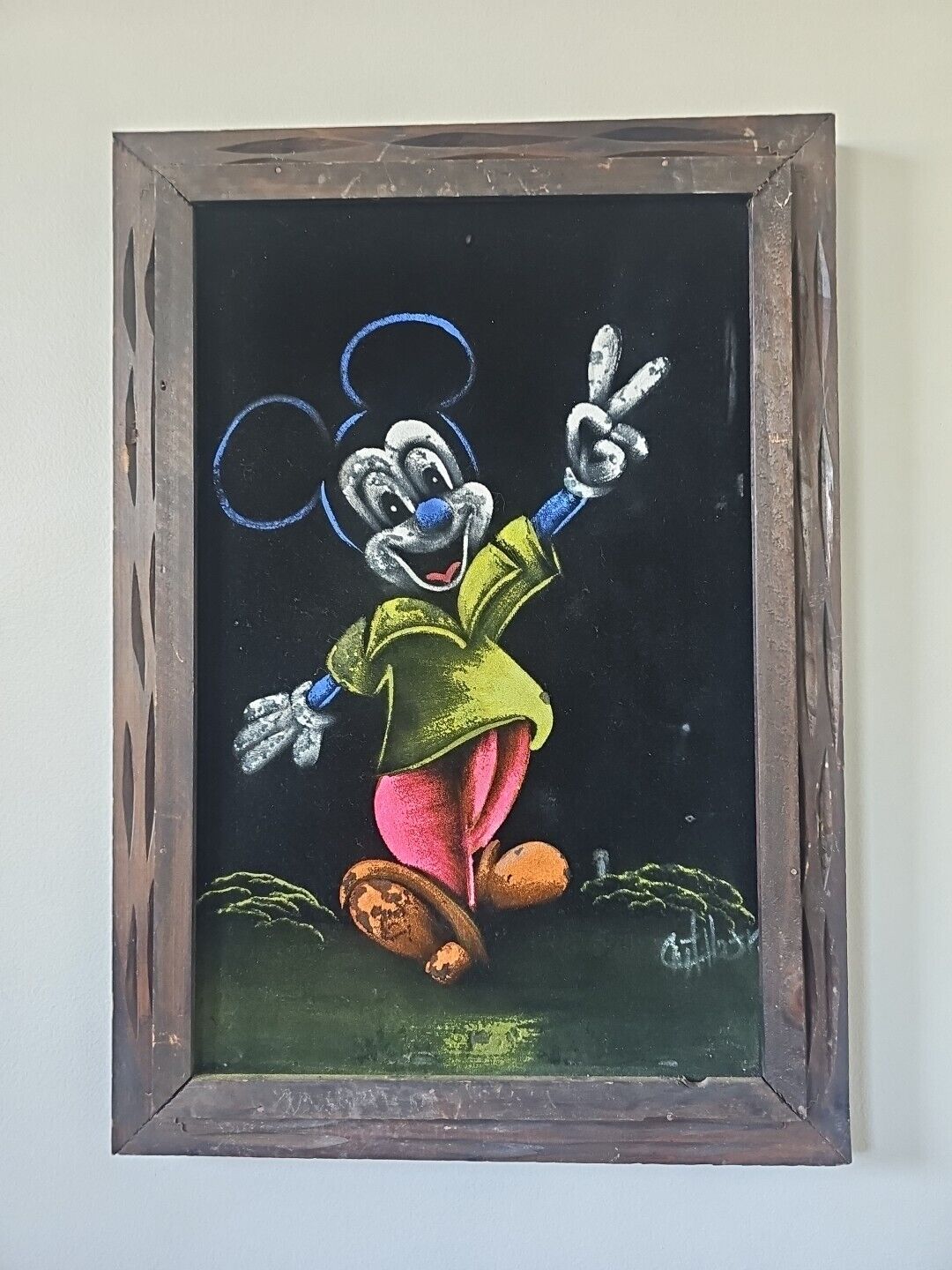 Vintage 1970s Creepy Mickey Mouse  Velvet Painting Wood Frame 14”x20” Mexico