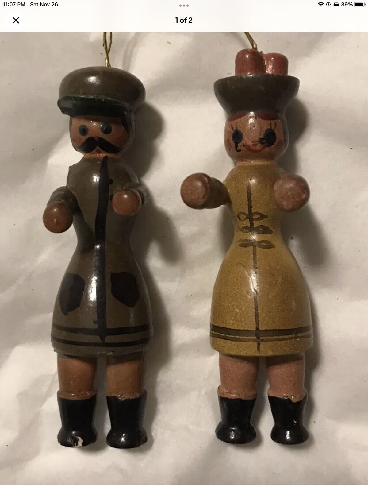 Lot of 2 Vintage Painted Wooden Christmas Ornaments Man/Woman Couple