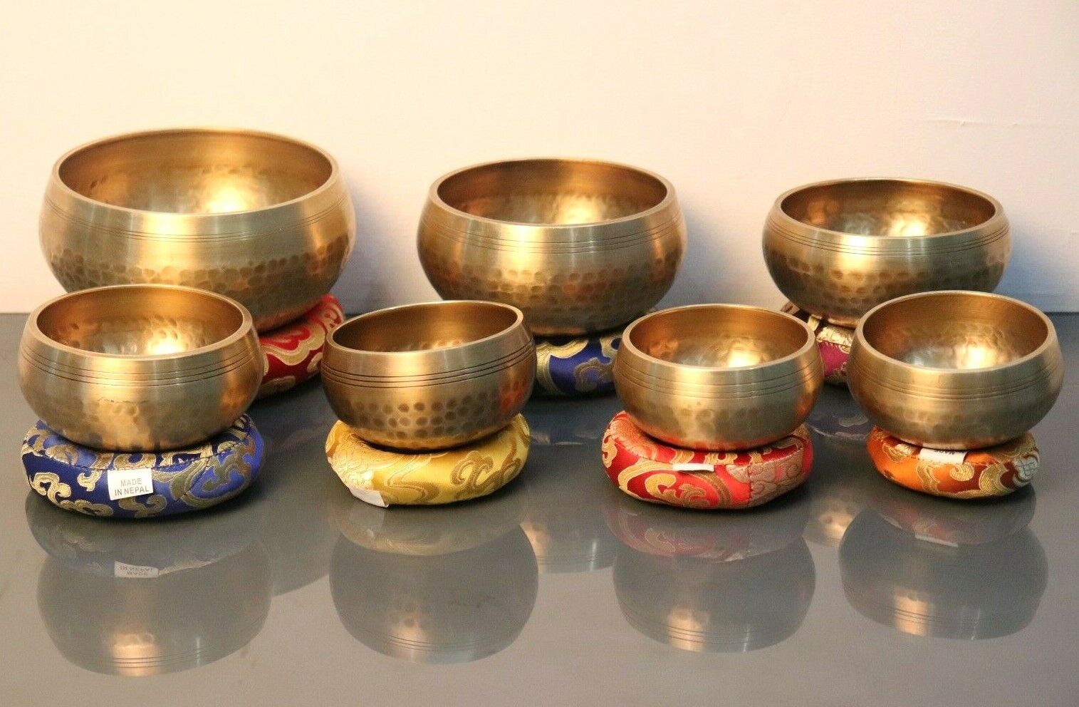 Gorgeous set of 7 hand beaten Gulfa singing bowls, handmade in Nepal, meditation