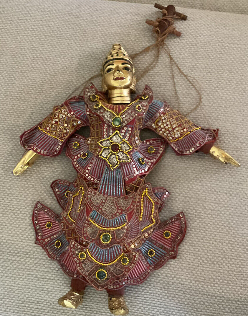 VTG Asian Thai/Indonesian Marionette Puppet Gold Face, Sequined & Jeweled