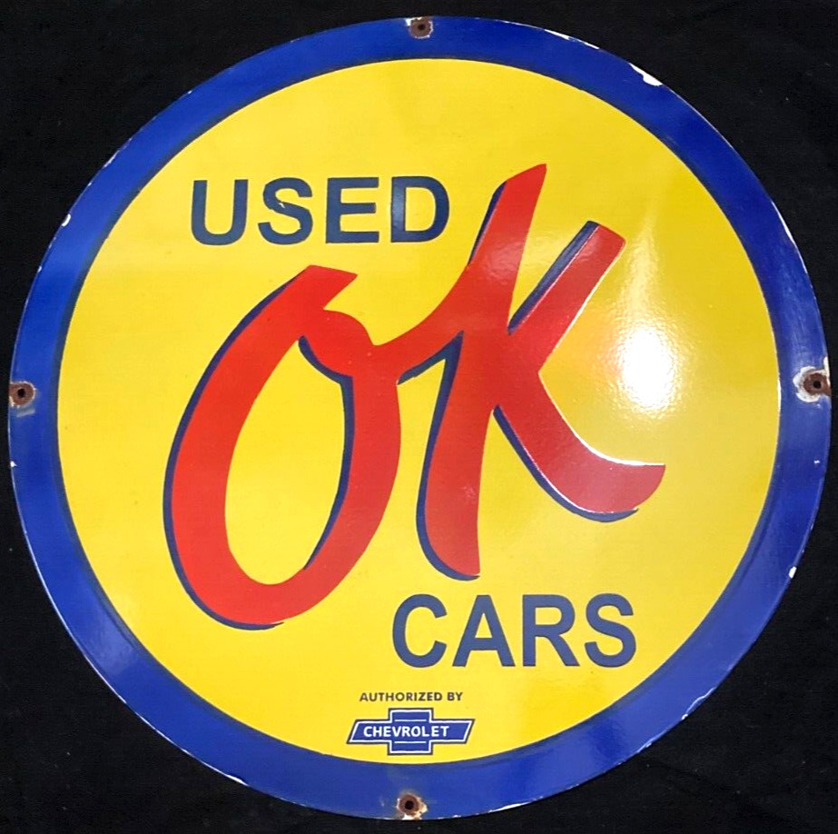 Vintage Art CHEVROLET OK USED CARS PORCELAIN ENAMEL SIGN Rare Advertising 30\