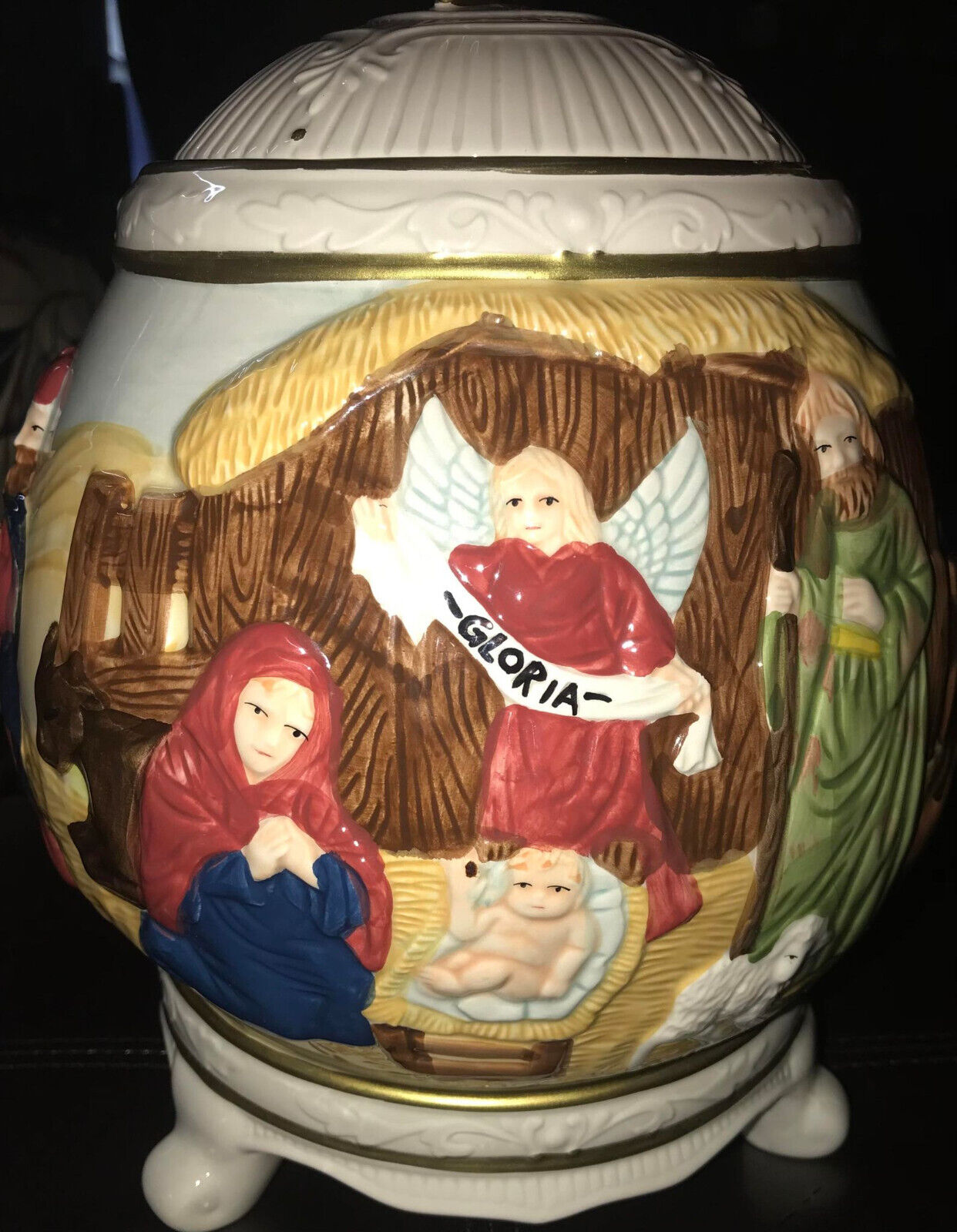 Jay Import Christmas Ceramic Footed Cookie Jar With Nativity Scene Art Work 13”