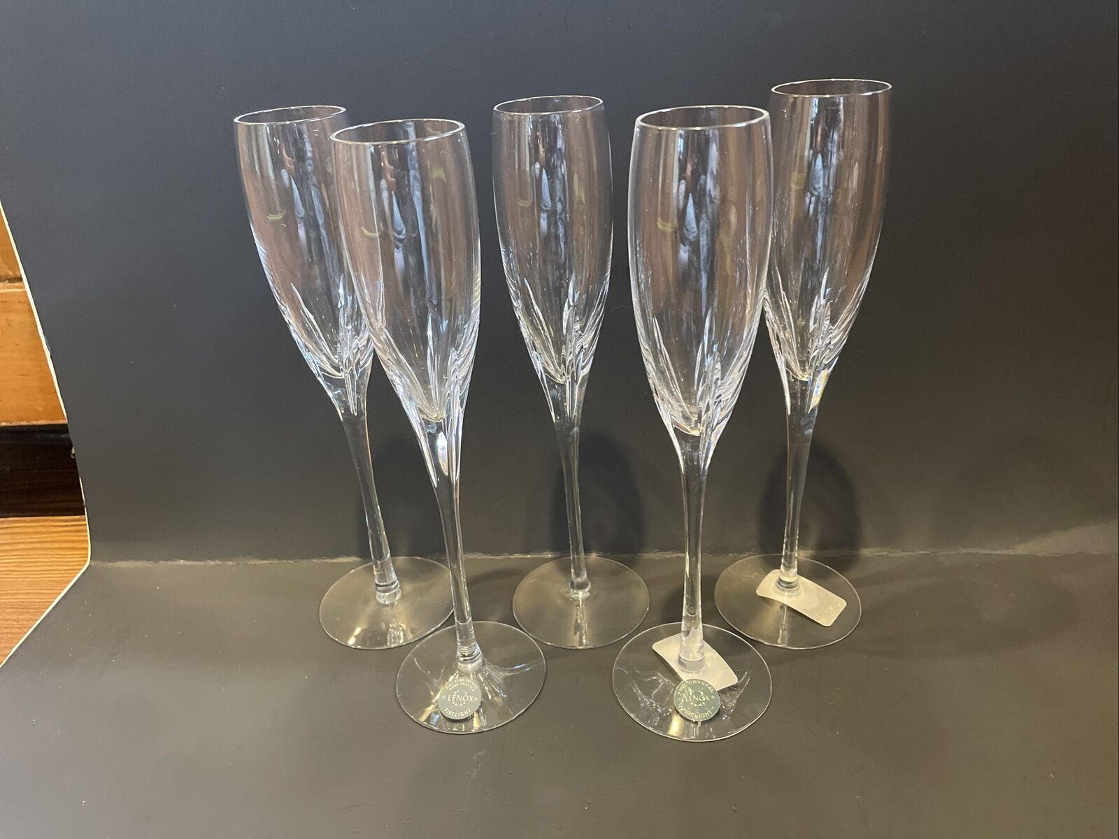 (5) Lenox Crystal Firelight Champagne Flutes Glasses Clear No Trim Retired NEW