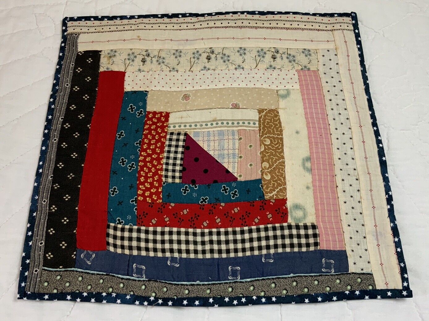 Vintage Patchwork Quilt Table Topper, Log Cabin, Early Calico Prints, Florals