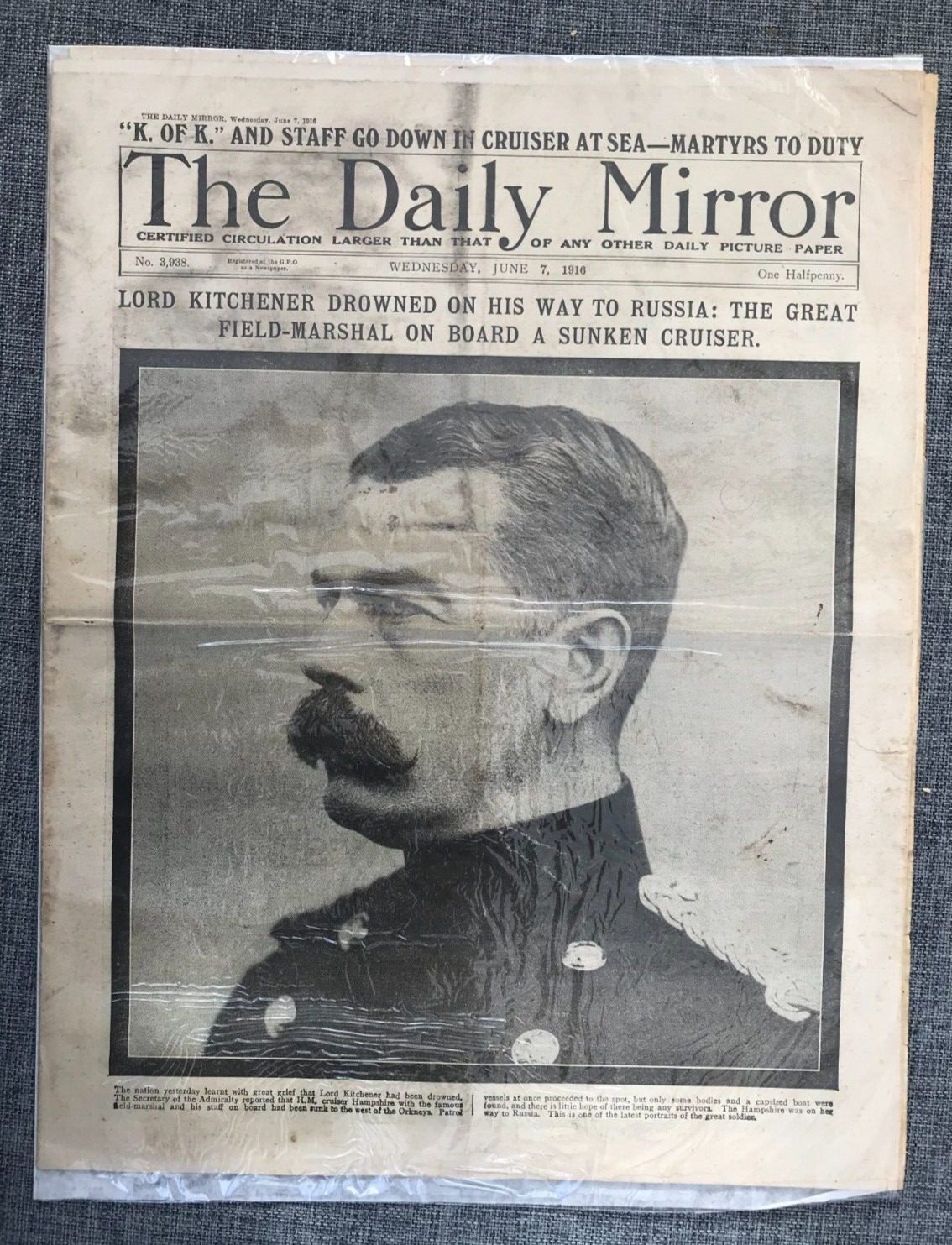 DAILY MIRROR LORD KITCHENER DROWNED SUKEN CRUISER 1916 ORIGINAL NEWSPAPER