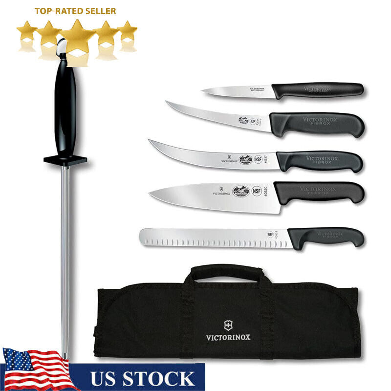 7-Piece Natural Competition BBQ Set w/ Black Fibrox Pro Handles and Knife Roll