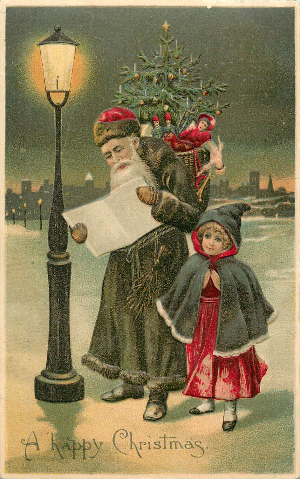 Embossed Christmas Postcard Green Dark Green Robe Santa Claus Read Map Lamplight