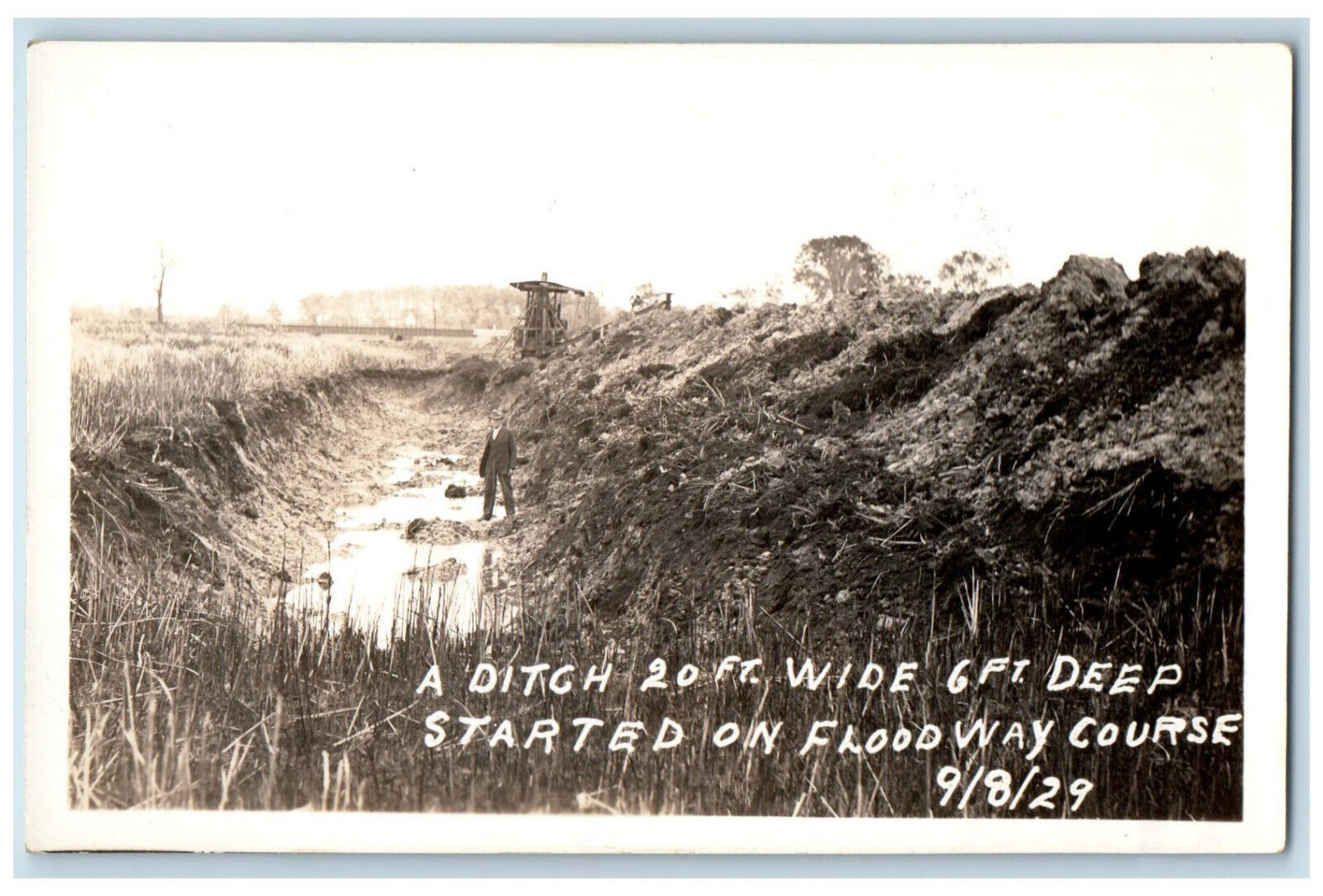 New London WI RPPC Photo Postcard A Ditch Started on Floodway Course 1929