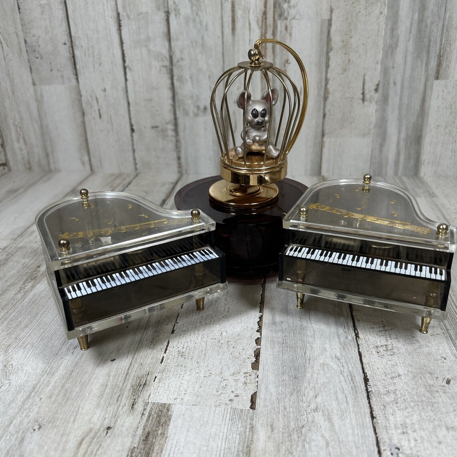 3 Vintage Schmid Grand Piano Music Box Gold & Bird Cage Mouse Music Box Lot