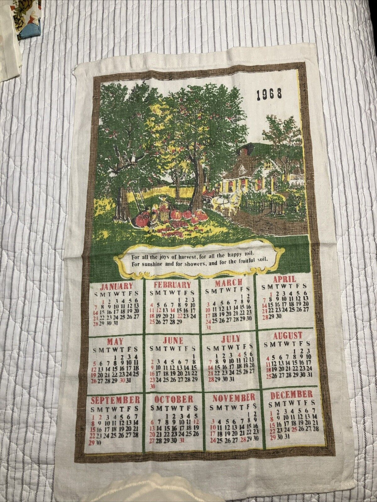 Vintage 1968 Calendar Tea Cloth Farmhouse Fall Granny Core