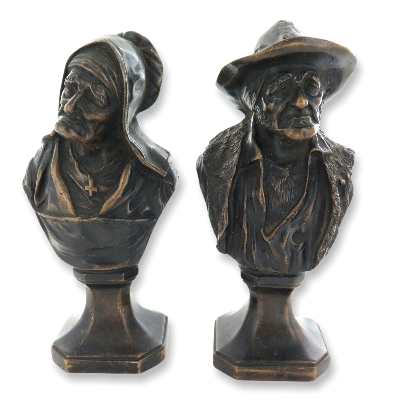 .ANTIQUE SUPERB PAIR COLD PAINTED BRONZES. AGED WEATHERED FACES HUSBAND & WIFE