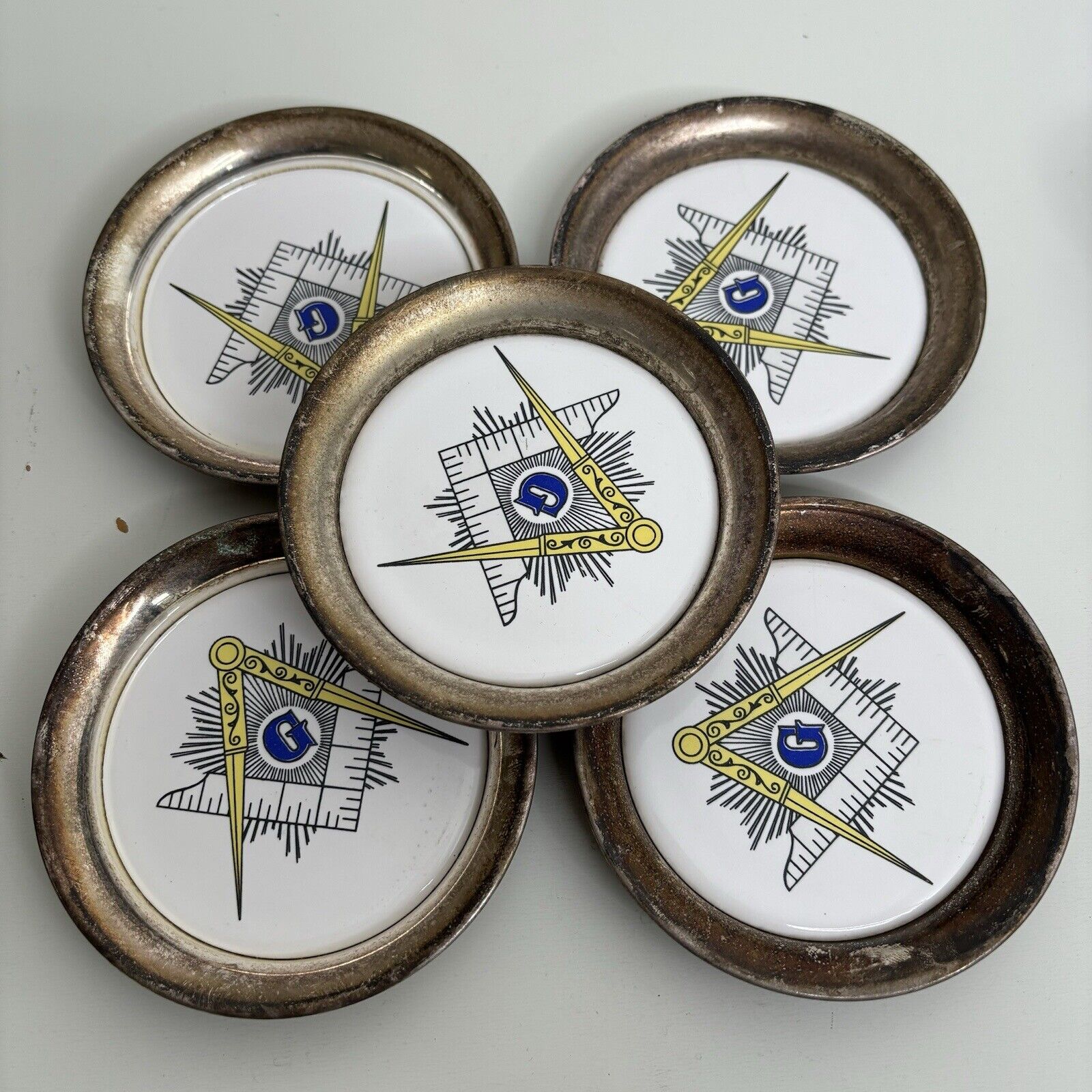 Vintage Masonic 5x Sheridan Silver Plated Coasters Porcelain Freemasons Brass