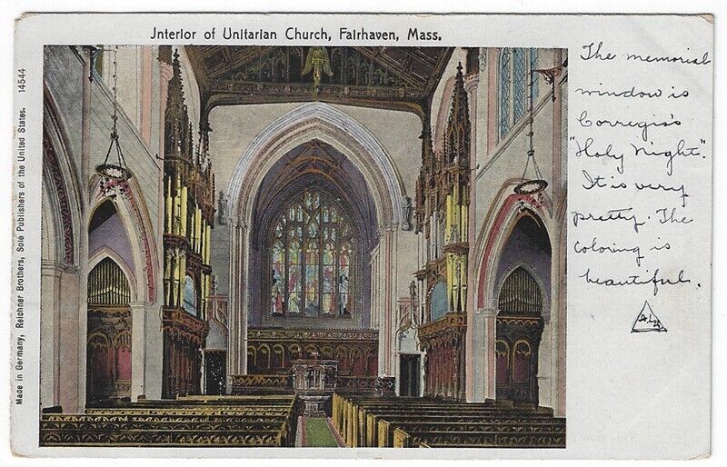 Fairhaven, MA, Postcard View of Interior of Unitarian Church, Copper Windows