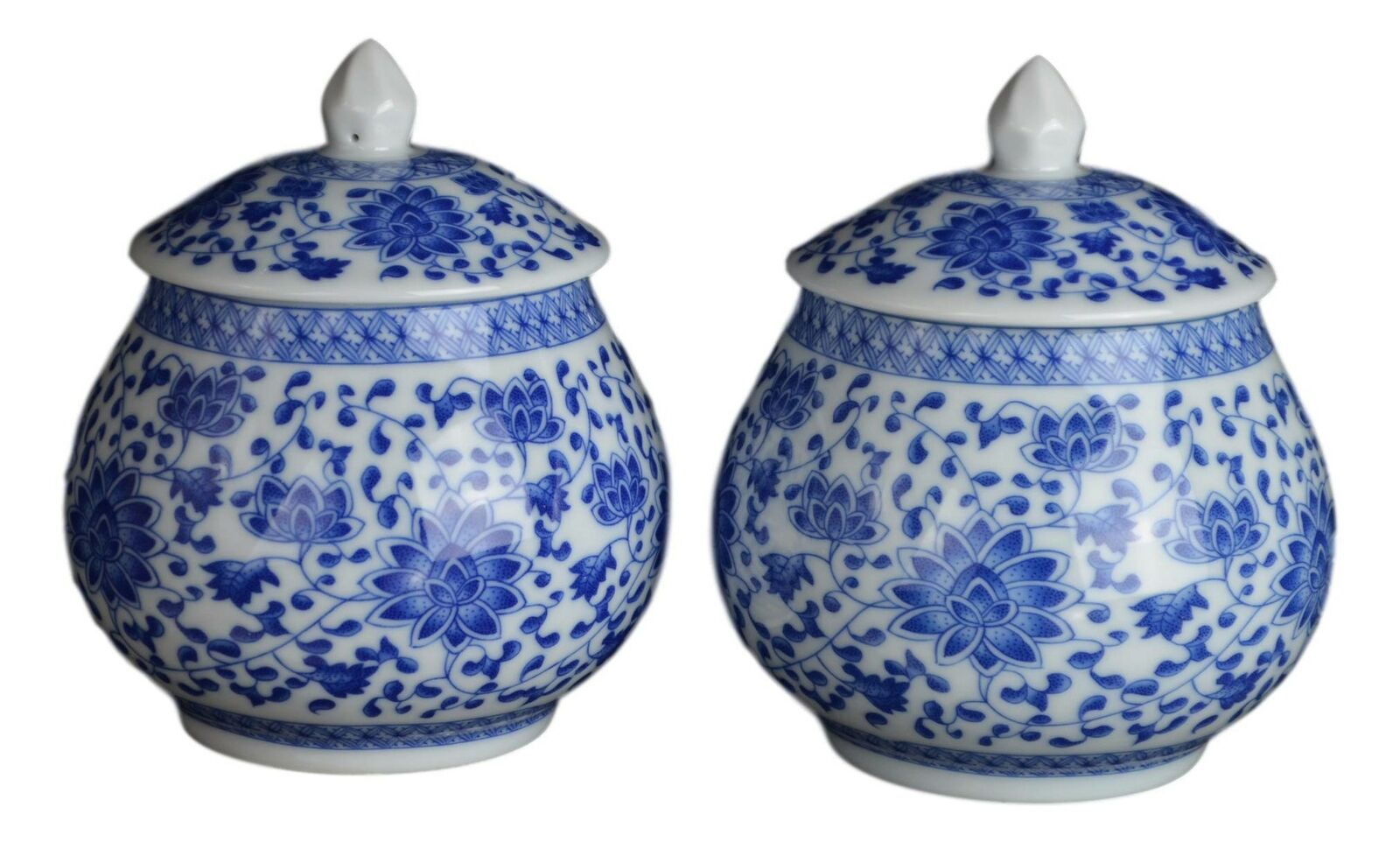 One Pair of Blue and White Floral Porcelain Ceramic Vases, Tea Sugar Jar Cont...