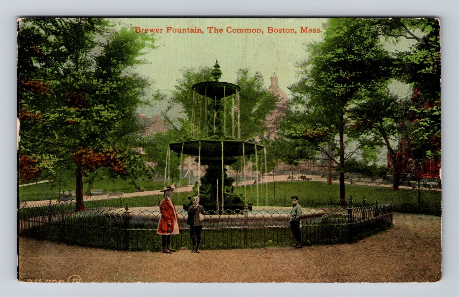 Boston MA-Massachusetts, Brewer Fountain, The Common, Antique Vintage Postcard