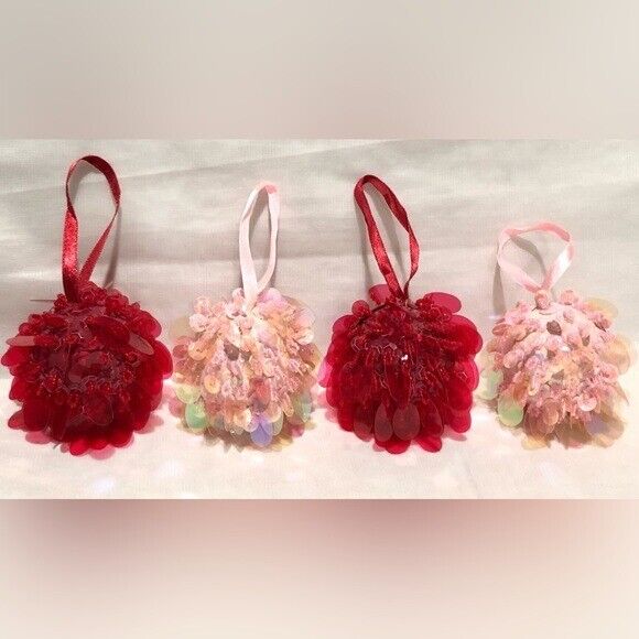 Vintage Christmas Ornaments Sequin Beaded Ball Lot of 4 