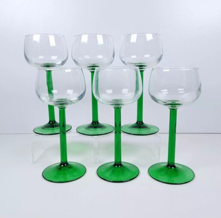 Vintage Set Of 6 Emerald Green Stem Luminarc France Wine Glasses