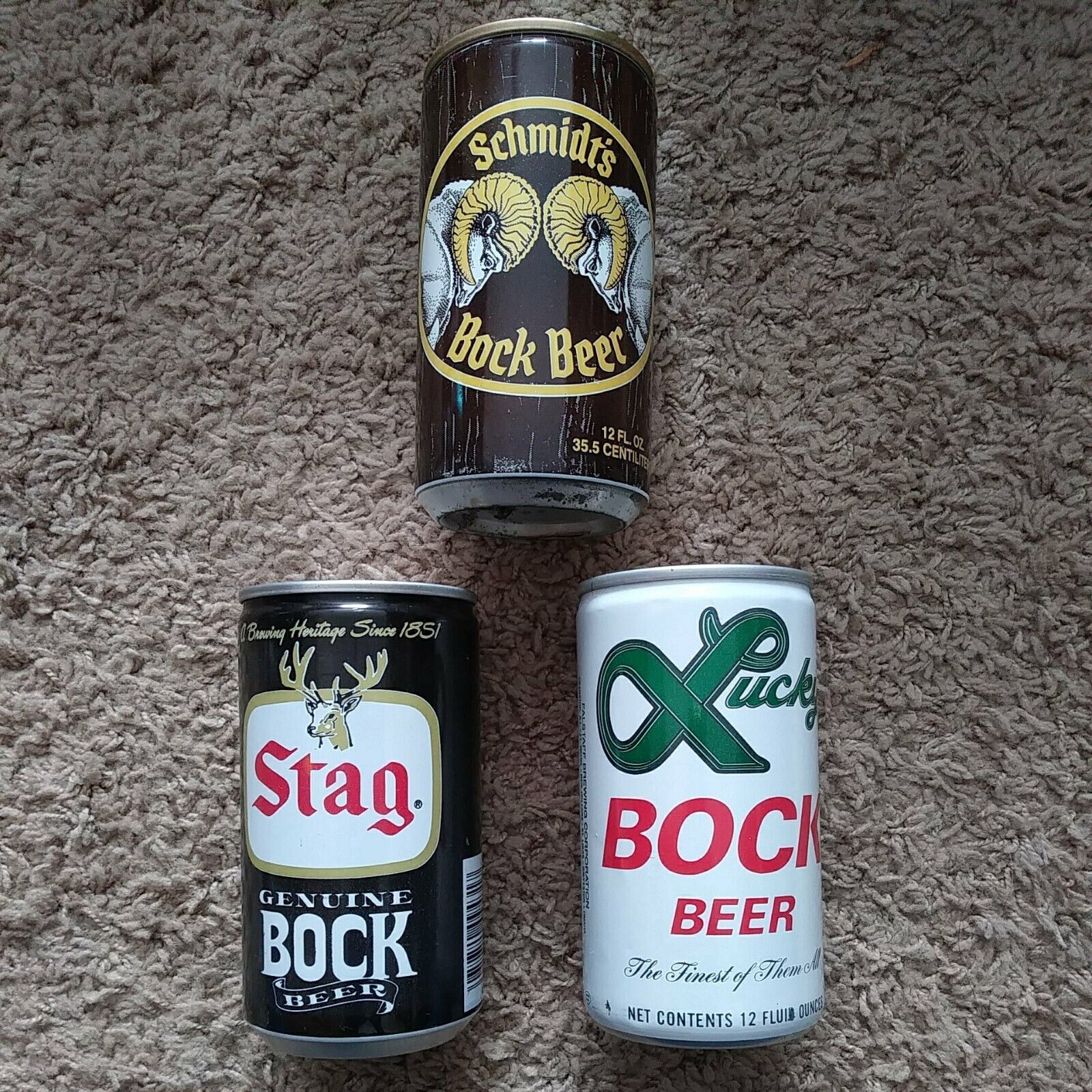 3 DIFFERENT 12oz BOCK BEER EMPTY -  FORGED STEEL CANS - SCHMIDT\'S - LUCKY - STAG
