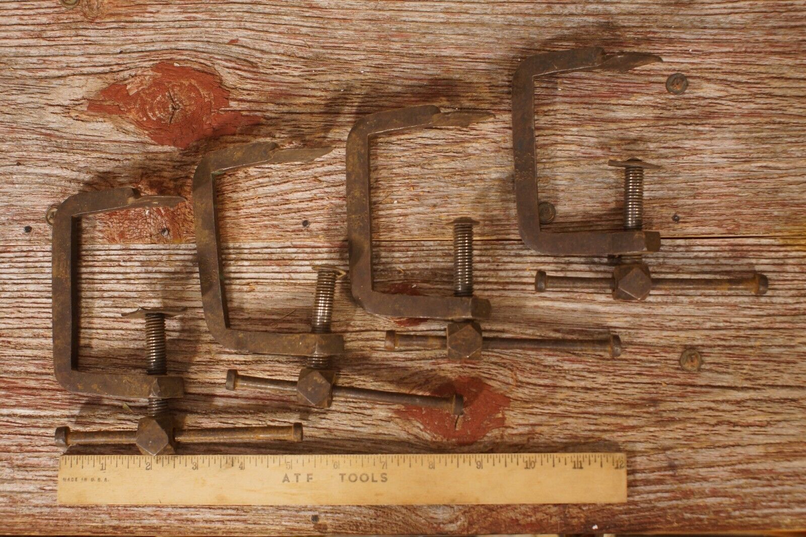 Antique Cast Iron C-Clamp Set Monogrammed Set of 4 Tools