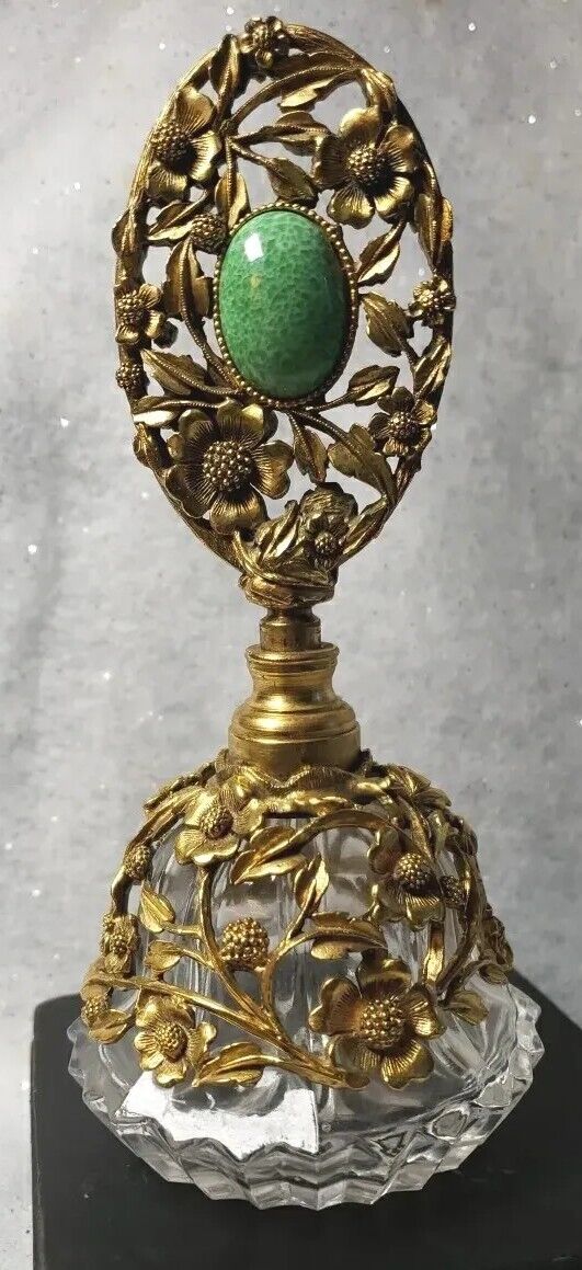 REDUCED Rare Vintage Gold Plated Ornate Perfume Bottle Green Stone