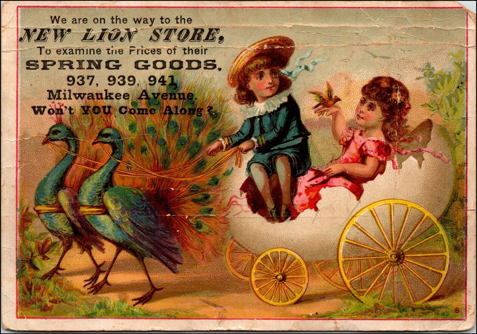 C.1880/90s Lion Store. Peacock Fantasy Boy. Victorian Trade Card Milwaukee, WI.