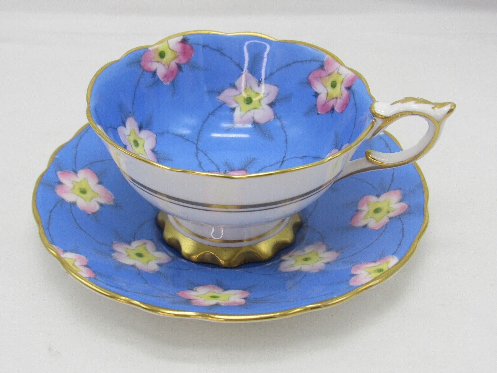 Royal Stafford Blue Cream Teacup & Saucer Pink Floral Gold Leaf Rare Vintage 50s