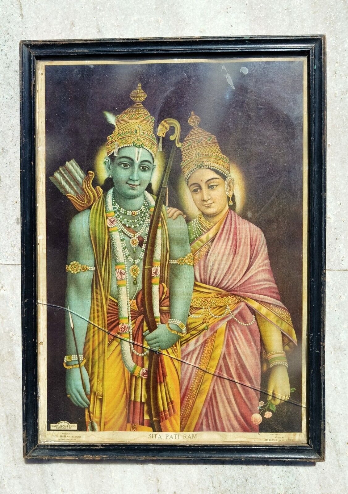 Antique Old Rare Hindu God Shri Ram Sita Pati Ram Worship Print With Wood Frame