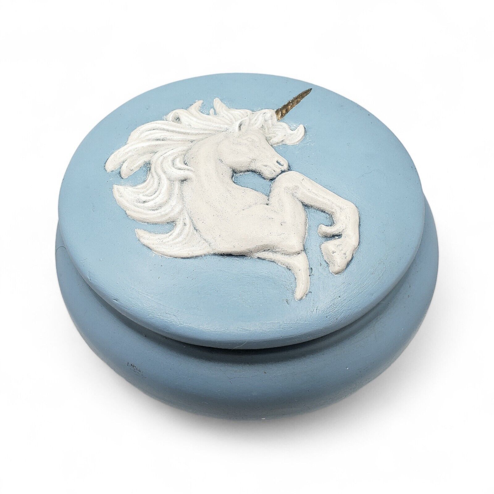 Vintage 90s Blue Ceramic Unicorn Round Trinket Box Keepsake Jewelry Box