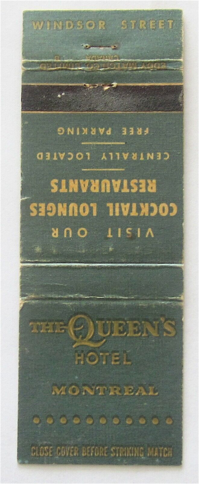 THE QUEEN\'S HOTEL, WINDSOR ST., MONTREAL, QUEBEC, CANADA MATCHBOOK COVER