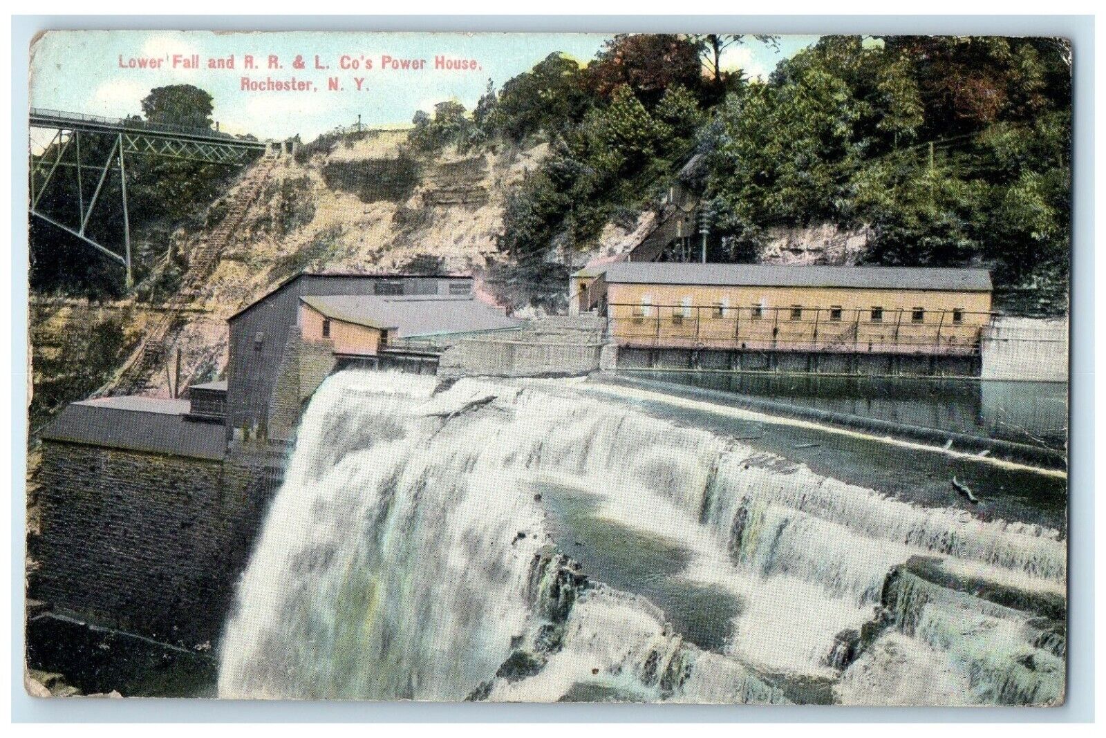 1910 Lower Fall And RR & L Co\'s Power House Rochester NY, Waterfalls Postcard