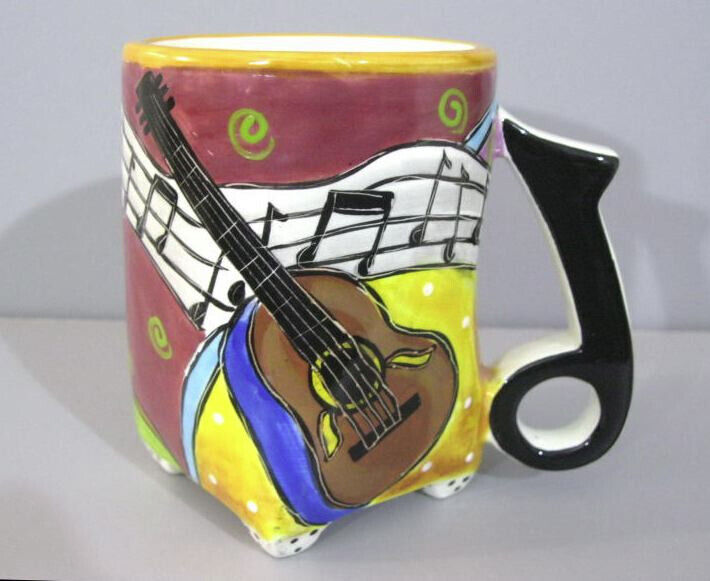 Rhapsody Cafe Jazz Music Hand Painted Footed Ceramic Coffee Tea Mug Music Guitar