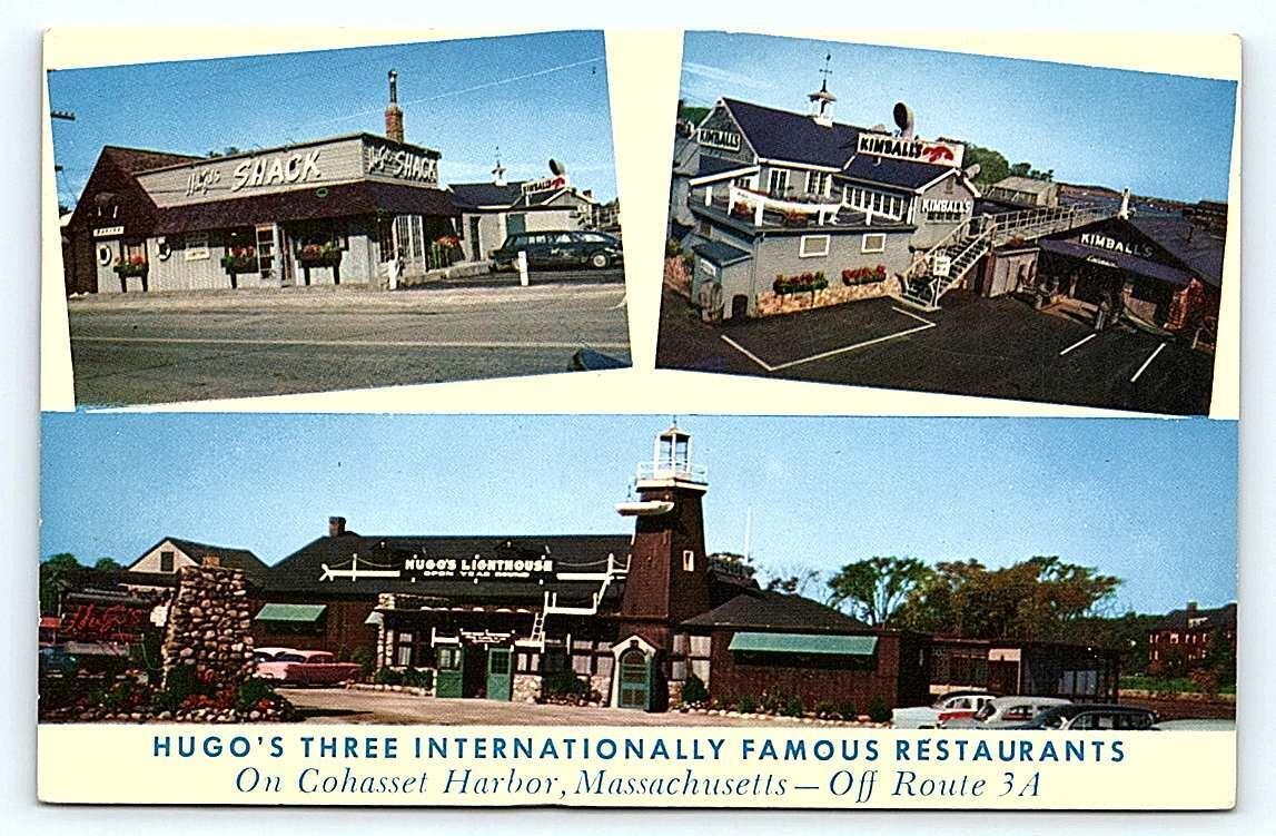 COHASSET HARBOR, MA Massachusetts ~ HUGO\'S 3 FAMOUS RESTAURANTS 1957 Postcard
