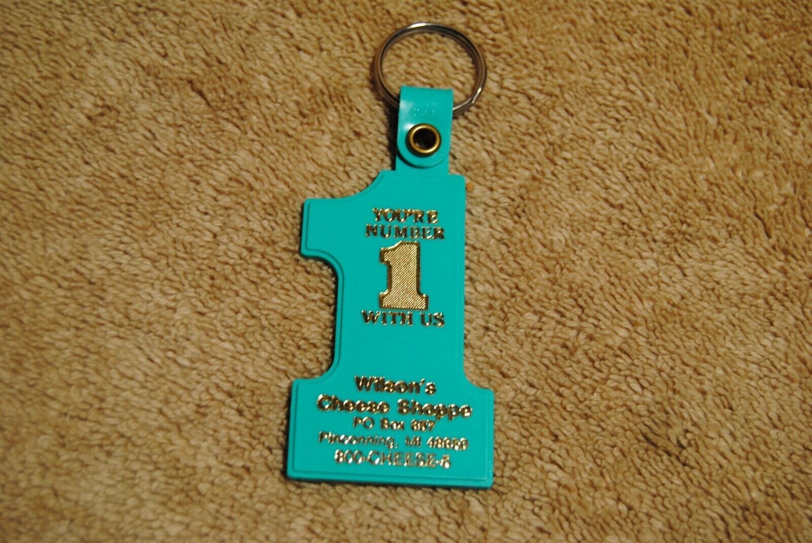 Vintage Wilson’s Cheese Shoppe Shop Key Ring Pinconning MI Number One Teal