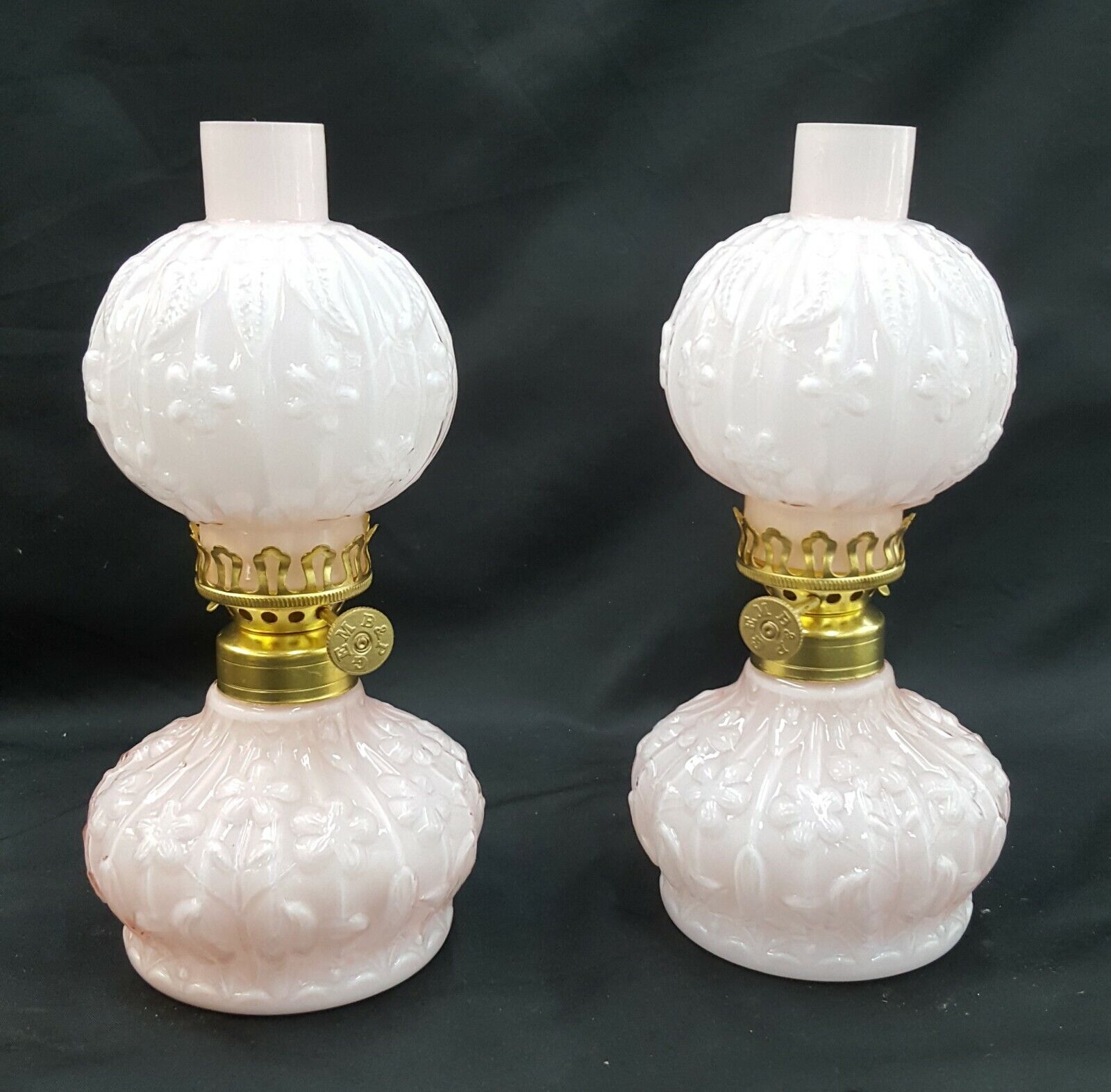 Pair of Reproduction Pink Floral Glass Miniature Hurricane Lamps 