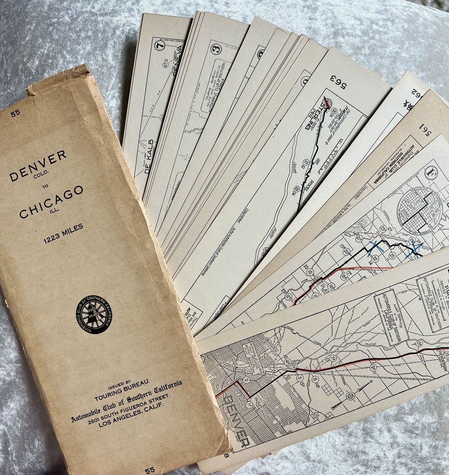(19) 1920’s Vtg  Auto Club Of S. CA Strip Maps for Denver to Chicago w/ Sleeve