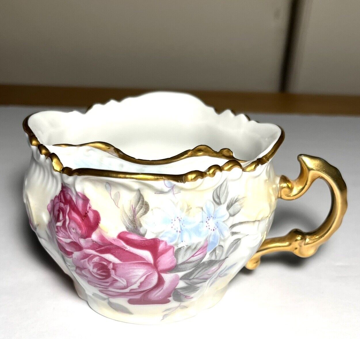 Ornate Antique Mustache Tea Cup Hand Painted Roses Gold Gilt Trim And Handle